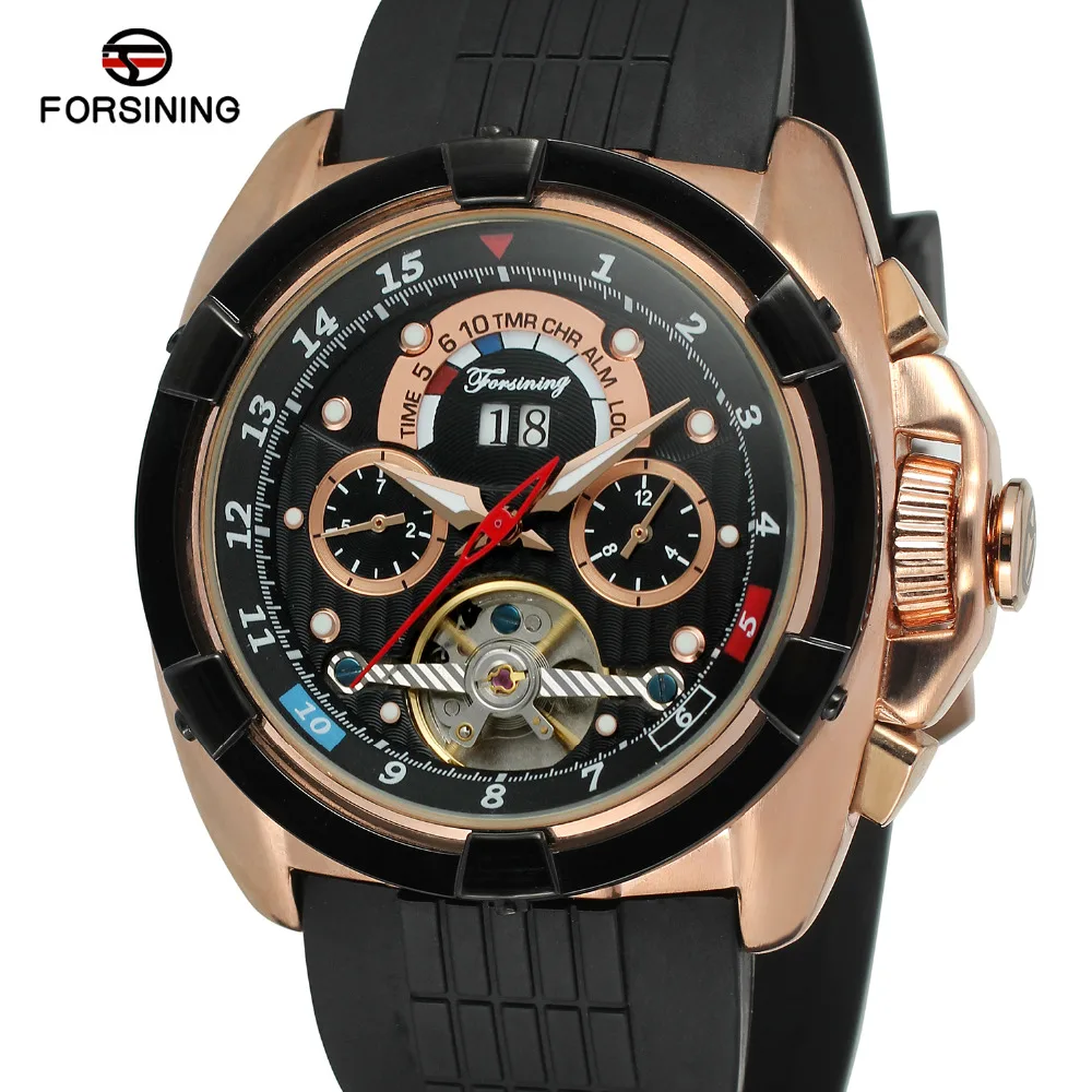 

Forsining Men's Watch Automatic Self-wind Rubber Band Calendar Tourbillion Wholesale Brand New Wristwatch Color Black FSG291M3