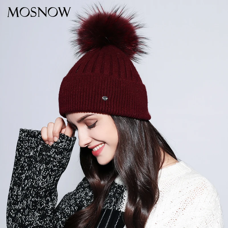 Женские зимние шапки однотонные 2019 осень зима настоящий помпон из меха енота