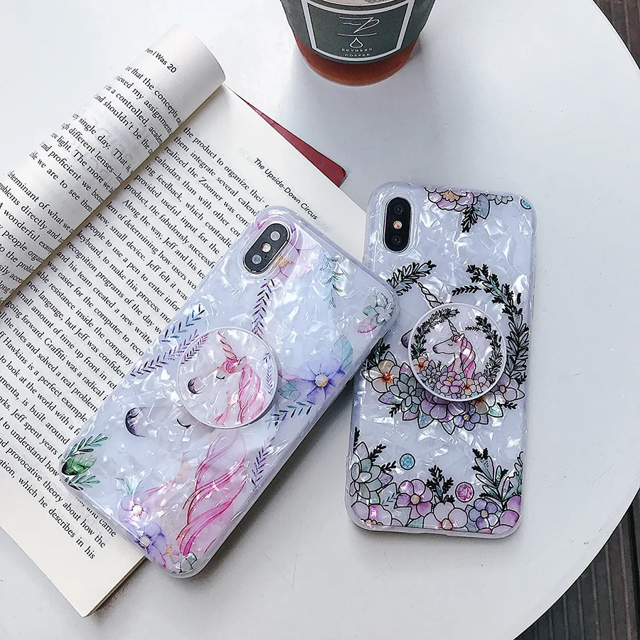 Lovely Unicorn Flower Case For iPhone X XR Max 7 6 6S 8 Plus Soft Cartoon Cute Bracket Colorful Floral Phone Cases Cover | Мобильные