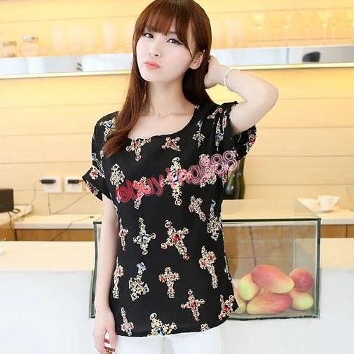 Sale New Women colorful Chiffon shirt batwing short sleeve prin Loose Blouses &amp shirts Tee Tops 2pcs/lot |