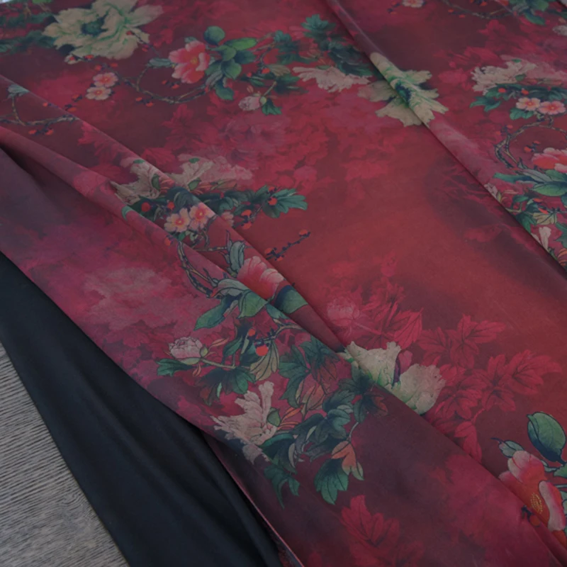 

105CM Wide 20MM Floral Print Handmade Stretch Red Gambiered Guangdong Silk Satin Fabric for Summer Spring Dress H298