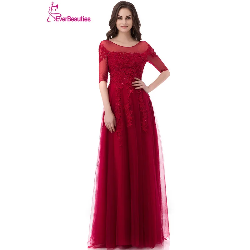 

Evening Dresses Long Wine Red A-Line Lace Appliqued Robe De Soiree Women Party Dresses 2020 Abendkleider Abiye