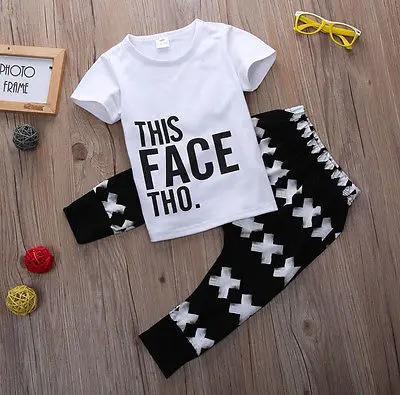 baby summer 2pcs Set 2016 boy toddlers kids short sleeve letter printed tops+cross long pants outfits |