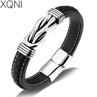 xqni genuine leather unique knot shape men bracelets white stitch line design magnet buckle male wrap birthday party gift