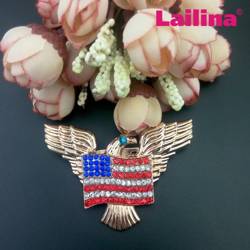 65mm Gold Tone Patriotic Eagle Rhinestone USA America Flag Brooch Pin for July 4th jewelry decoration