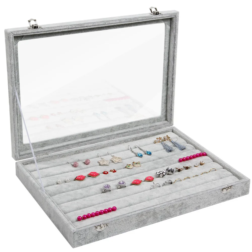 

SZanbana Large Grey 7Slots Velvet Jewelry Tray Showcase Metal Lock Display Storage Glass Window Organiger Removable Case