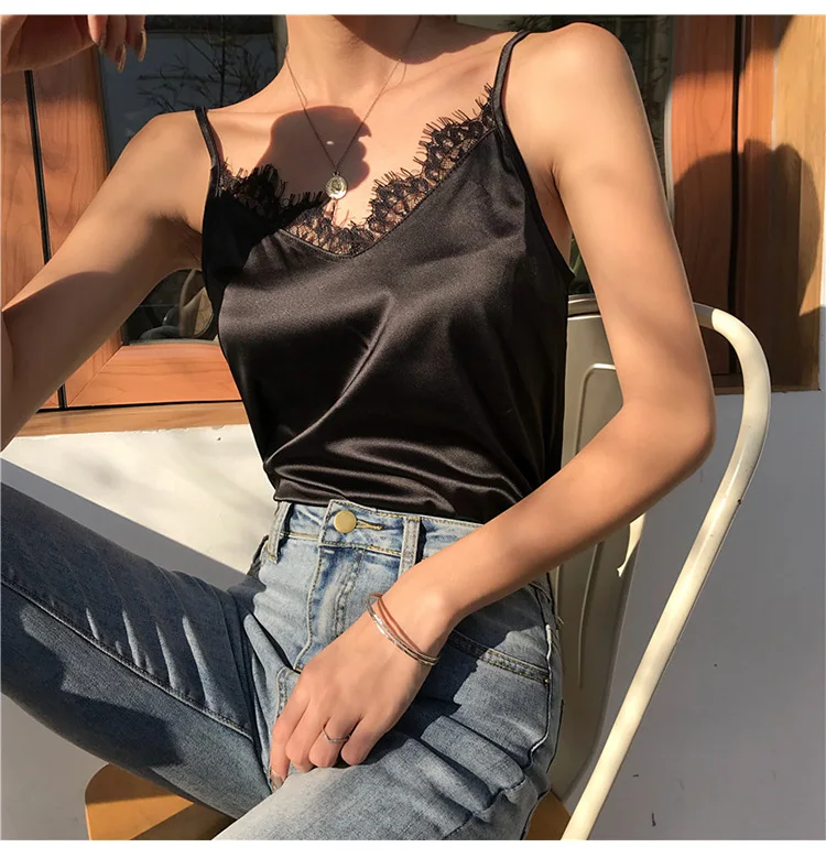 Летний Атласный топ на бретелях, женские топики Roupas Slik, летние кружевные топы, женские Топики, черные укороченные топы на бретельках размера плюс XXXL/4XL