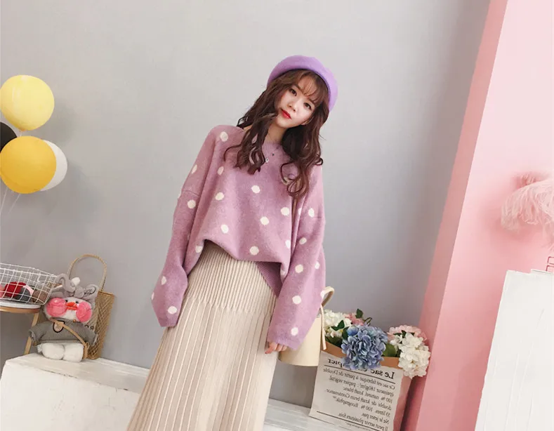 Fall &amp Winter Women Vintage Loose Wool Dot Sweater Tops Knitted Shirt Ladies Oversize Long Sleeve Short Middle Outwear | Женская