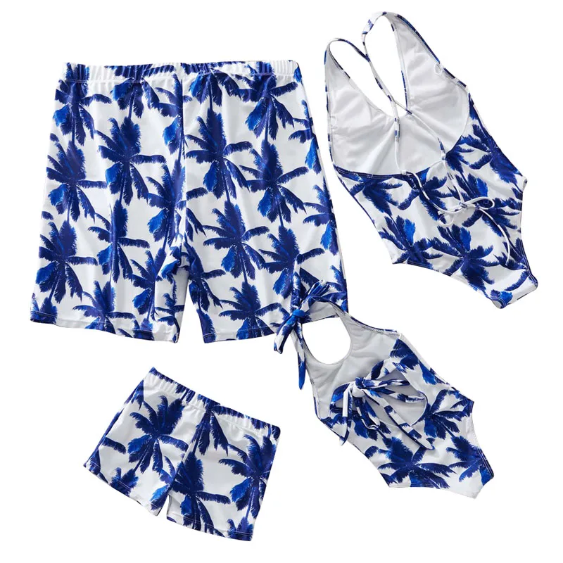 Coconut Tree Print Swimsuit Mommy And Me One Piece Mom And Daughter Bikini Set Family Look Swimwear Men Boy Dad Son Beach Shorts