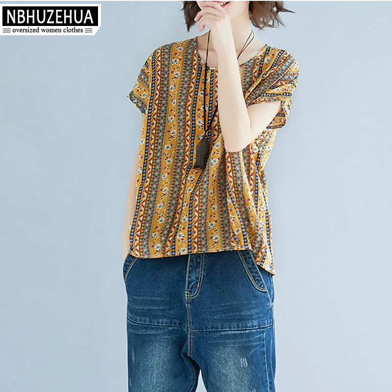 NBHUZEHUA A268 4XL 5XL Для женщин Винтаж футболка в полоску по Размеры d плюс Camisetas Mujer Verano