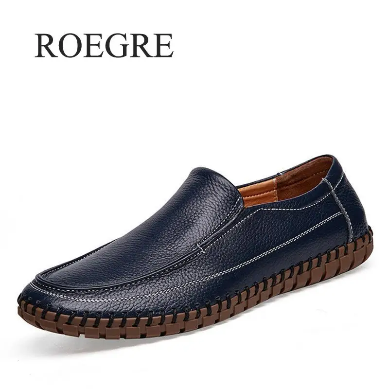 

ROEGRE Men Casual Shoes Genuine Leather Moccasin Loafers Masculino Handmade Slip On Flat Boat Shoes Male Footwear Size 38-47