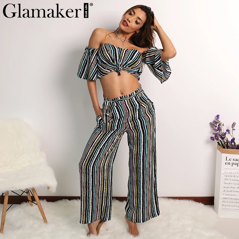 Женский комбинезон с открытыми плечами Glamaker Летний в полоску на шнуровке костюм