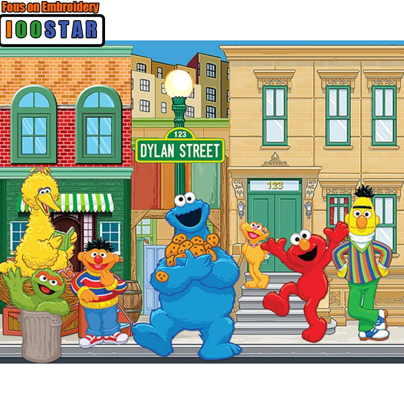 Полностью квадратная/круглая Алмазная Фигурка Улица Сезам мультяшная мозаика