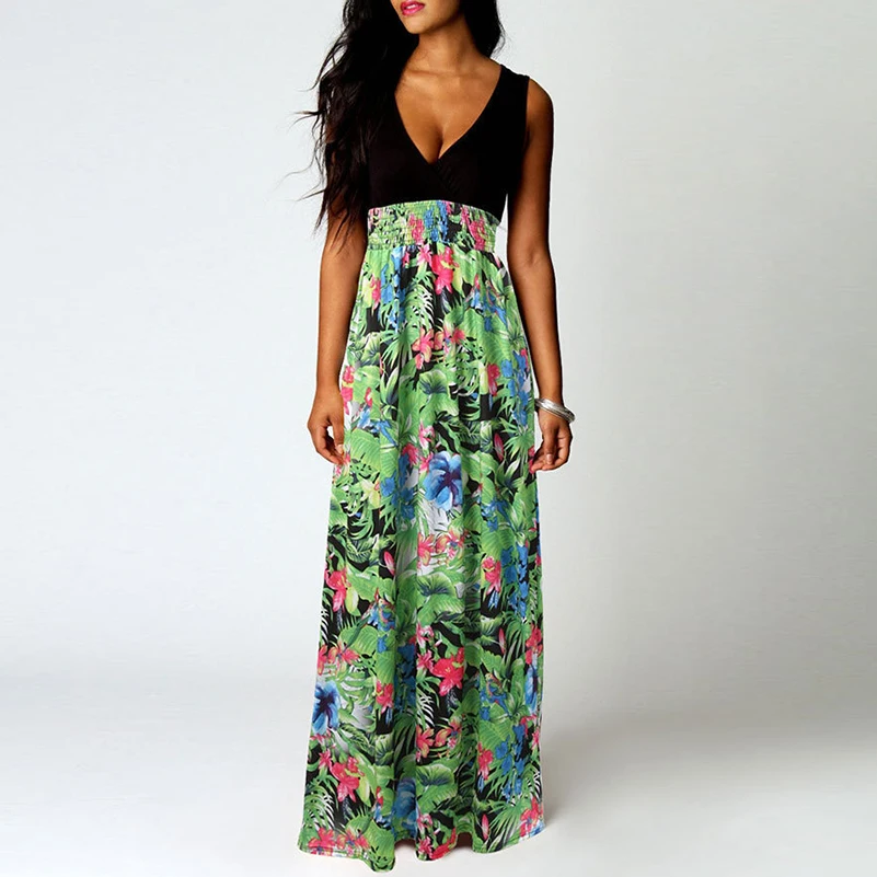 Для женщин без рукавов длинное платье Boho Лето V шеи цветочные Танк Fit and Flare чешские