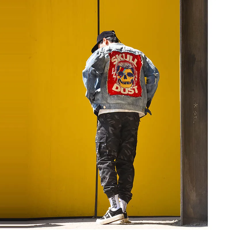 Уличная Повседневная мужская куртка в стиле рок джинсовая с черепом винтажном