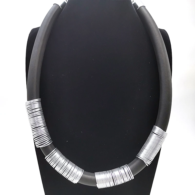YD&YDBZ New Big Collar Jewelry Women Statement Necklaces Handmade Rubber Necklace Black Rope Aluminum Wire Punk Style