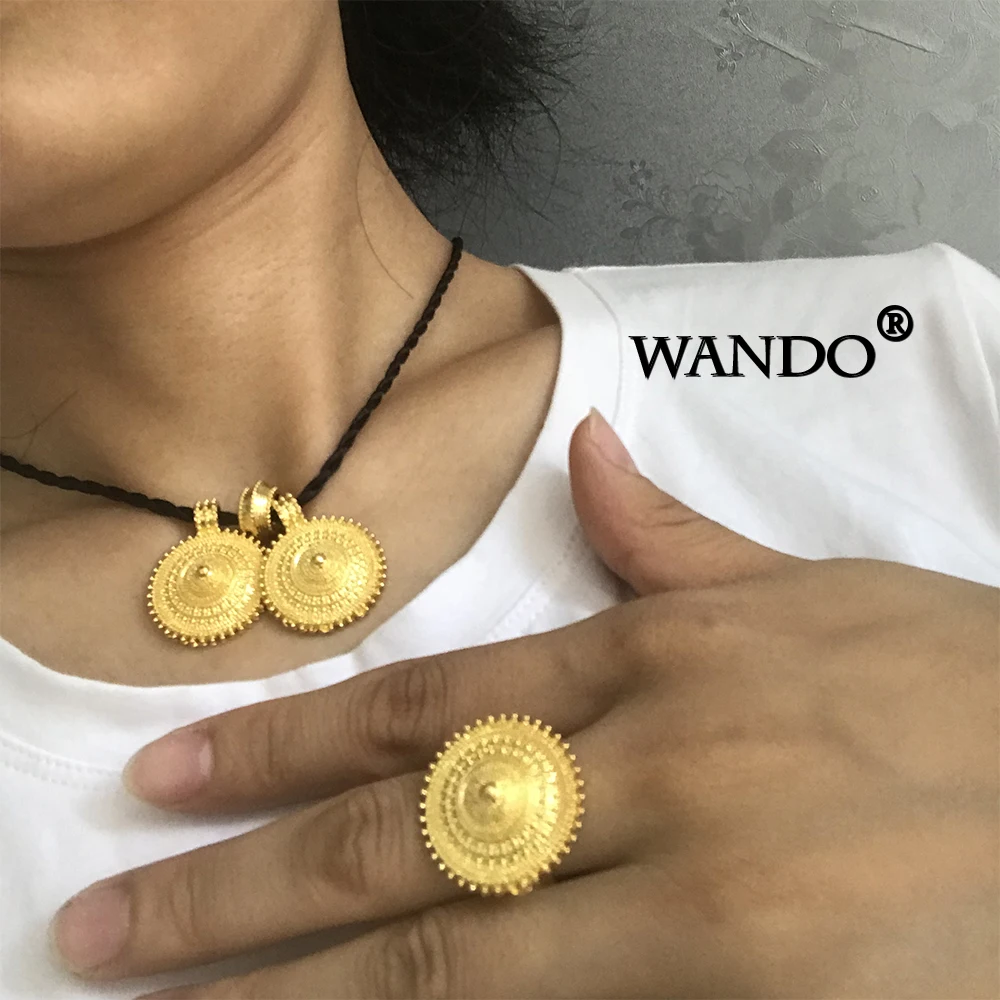 WANDO Эфиопский комплект ювелирных украшений золотистого цвета Франция Эритрейская Большая подвеска серьги свободный размер кольца Fot женский свадебный подарок WS26