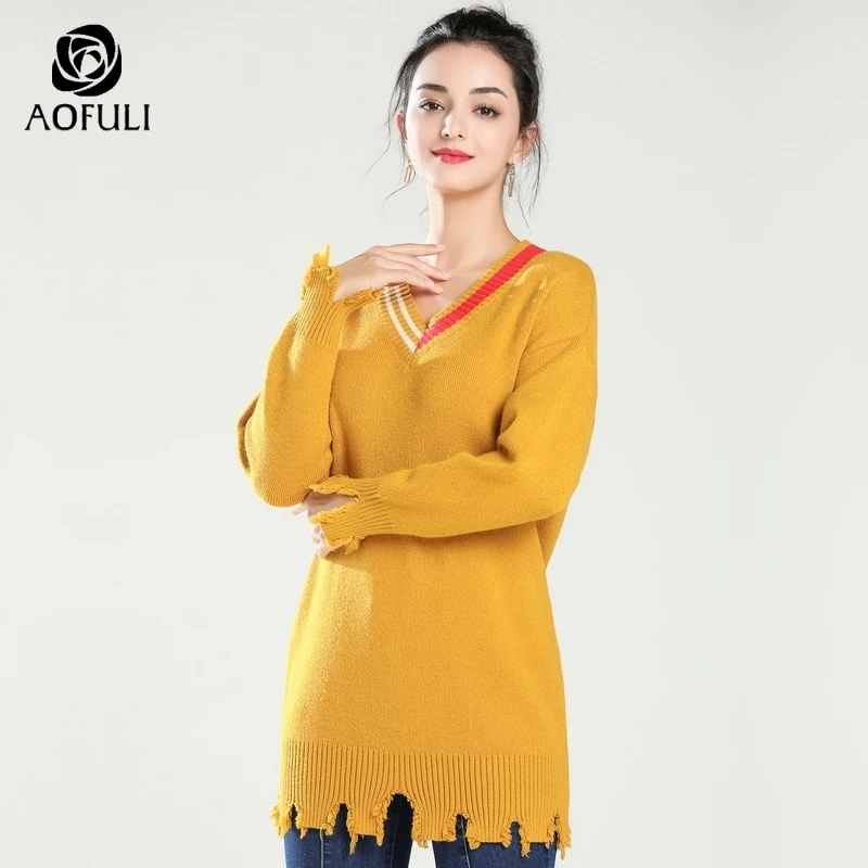 AOFULI chic plus size women knit sweaters batwing long pullover v-neck sleeve knitted tops casual knitwear L- 4XL 5XL A3768 | Женская
