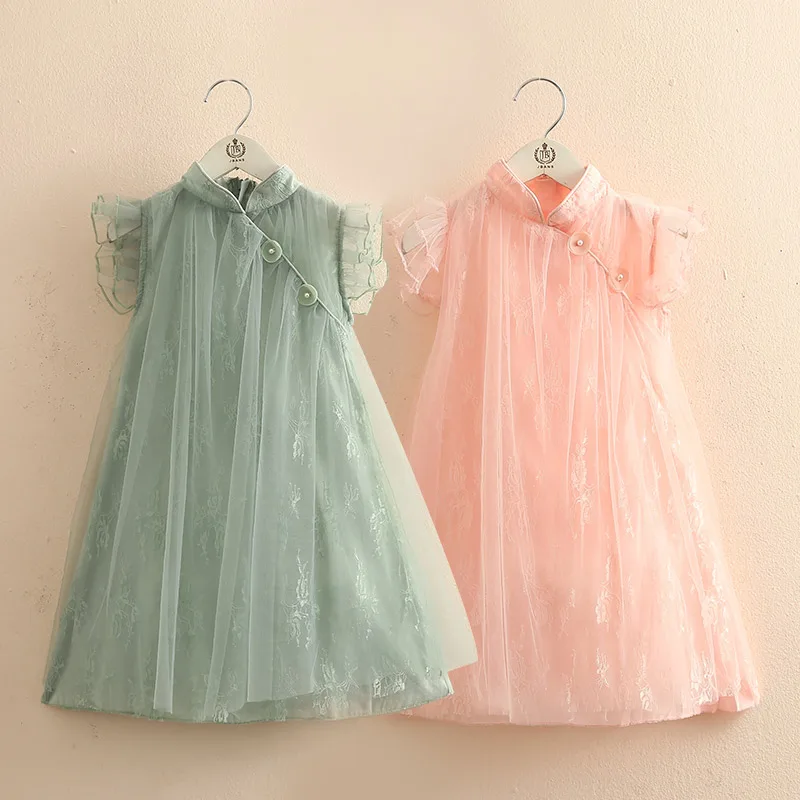 

2022 Summer 2 3 4 6 8 10 Years Chinese Style Beautiful Stand Collar Fly Sleeve Party For Kids Baby Girls Lace Cheongsam Dresses