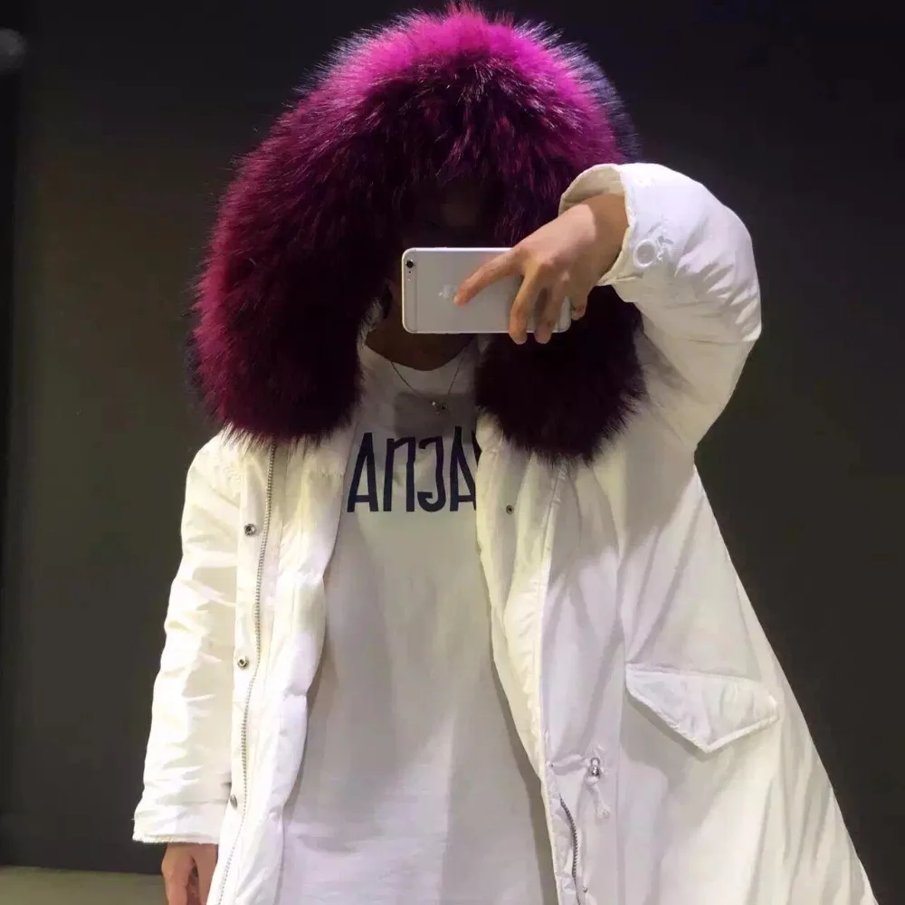 Высокое качество 100% натуральный мех енота воротник белая утка подпушка куртка