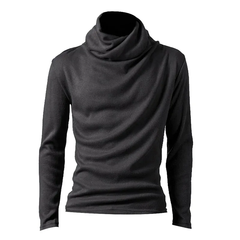 Dark Gray Мужская модная трикотажная футболка с длинным рукавом, тонкий мужской однотонный топ с высоким воротом, хлопковый пуловер, Осенние повседневные базовые футболки - Цвет: Dark Gray