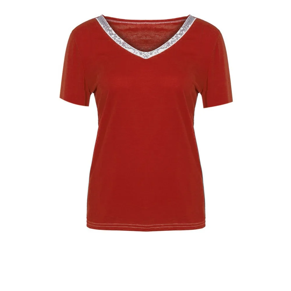Women Fashion Casual t-shirt Summer Pure Splice V-collar Sequila Short-sleeved T-shirt Women's Push Size Loose Top Female tshirt | Женская