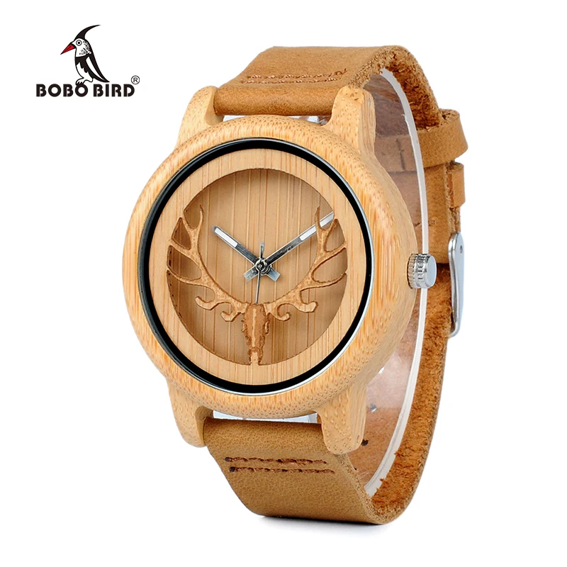 

BOBO BIRD Bamboo Watch Men Wood Quartz Wristwatches With Deer Buck Head Design Real Leather Band in Box Relogio Drop Shipping