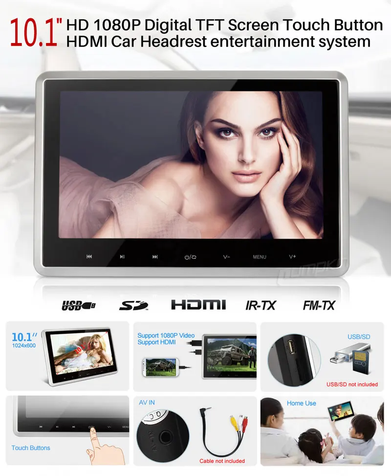 Тыква 10 дюймов dvd-плеер подголовник HD цифровой TFT Мониторы сенсорная кнопка с HDMI