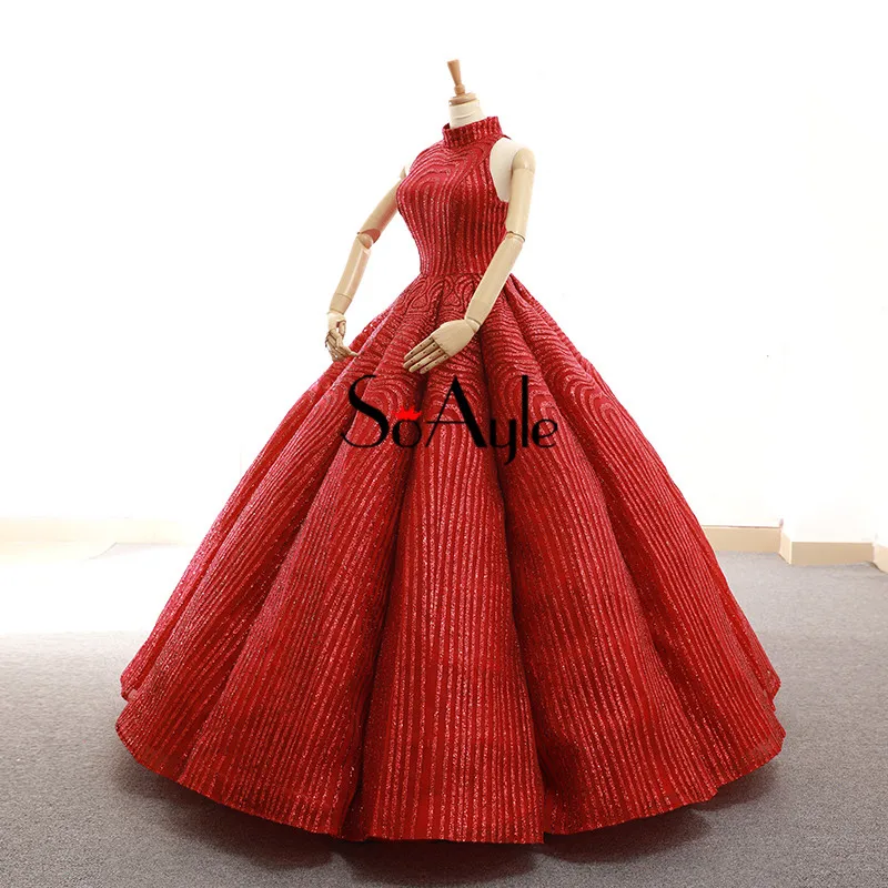 SoAyle Luxurious Prom Dresses 2018 Sequined Ball Gown Red Prom Dress Sleeveless Wedding Evening dresses vestido de noiva Longo
