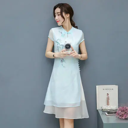 SexeMara Ultra Elegant Chinese Style Women Dress Cheongsam Vintage Summer Chiffon Retro Embroidery Vestidos HFJ026 | Женская одежда