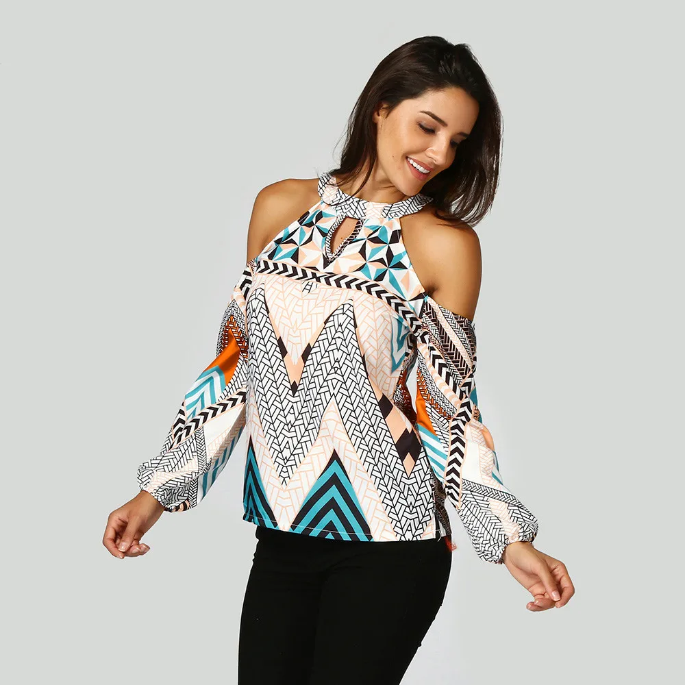 Женская блузка с геометрическим принтом шифоновая в стиле ретро вырезом