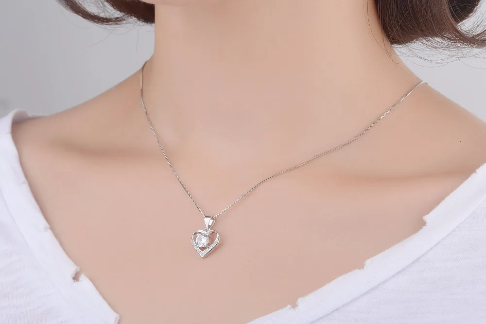 

TJP Top Quality 925 Sterling Silver Women Pendant Necklaces Jewelry Clear CZ Crystal Heart Girl Lady Party Accessory Gift