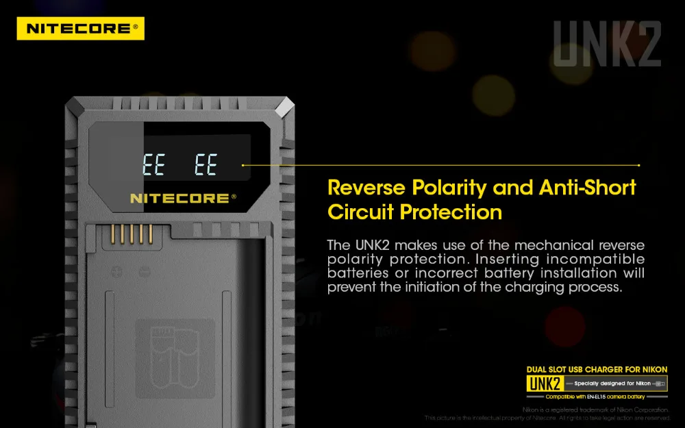 Nitecore UNK2 Dual USB Зарядное устройство для Nikon EN-EL15 Батарея D500 D600 D610 D750 D800 D800E D810 D810A V1 1V1 D850 D7000 D7100