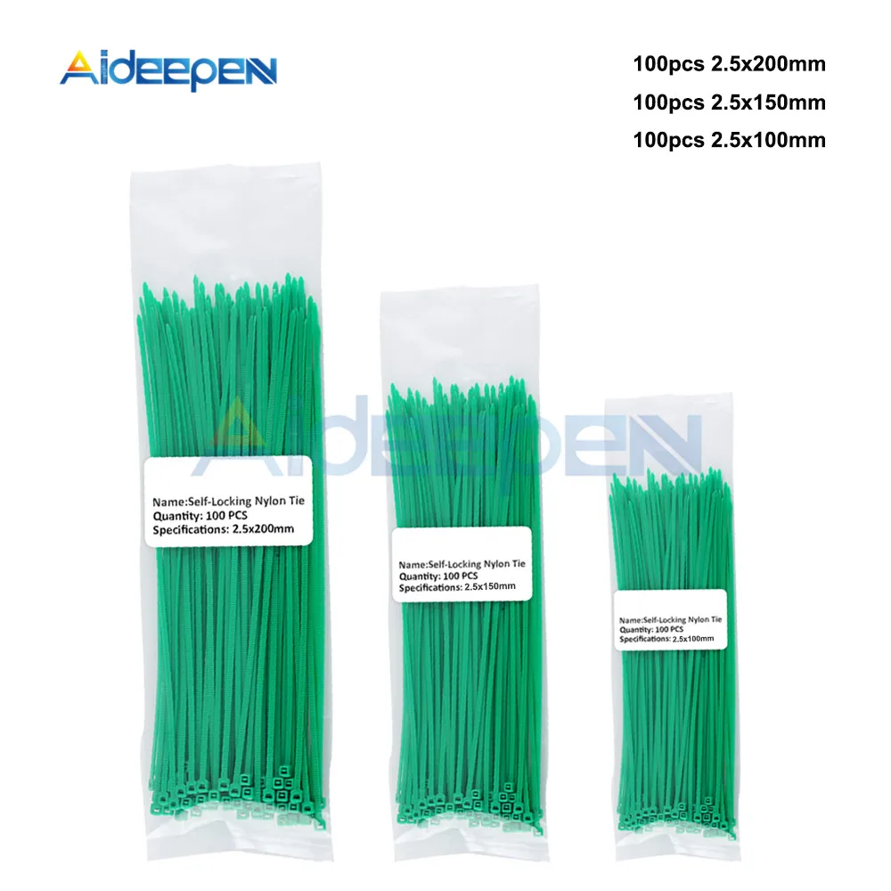 Green 300 шт. нейлоновые кабельные стяжки самоблокирующиеся пластиковые проволоки с молнией Набор 2,5*200 2,5*150 2,5*100 мм промышленные крепежи и аппаратный кабель - Цвет: Green