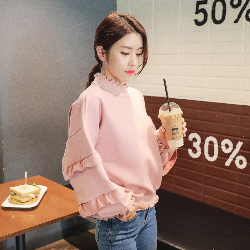 

Korean Fashion Woman Hoodie 2018 Spring Autumn Stand Collar Ruffle Lantern Sleeve Pink Sweatshirt Suede Womens Hoodies Pullover