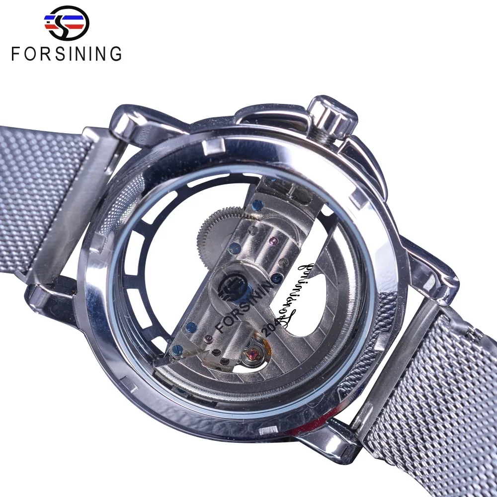 Мужские часы Forsining модные деловые с серебристой сеткой и двойным ремешком