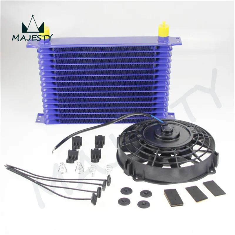 Universal 15 Row engine Transmission 10AN Oil Cooler kit +7&quot Electric Fan Kit BL |
