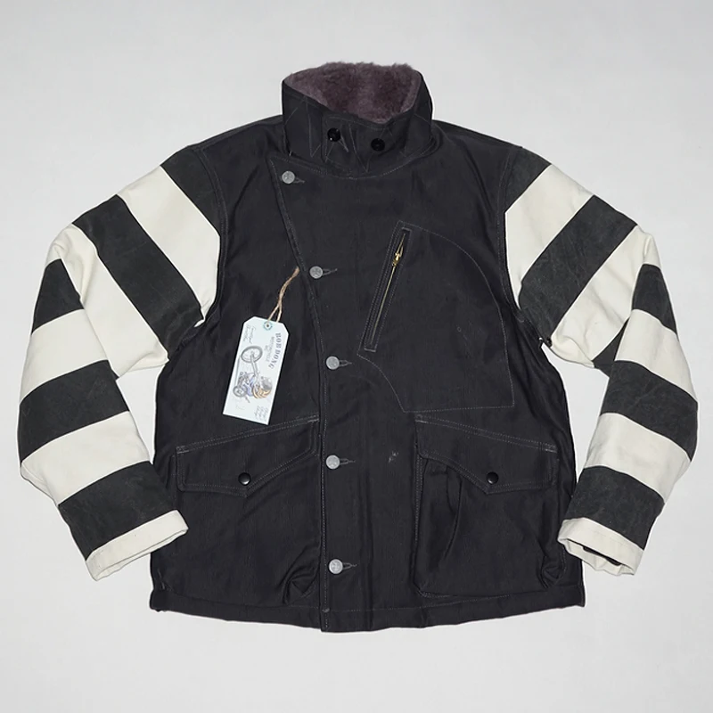 BOB DONG Men's Motorcycle Prison Striped Patchwork Jacket Winter Aviator Coats