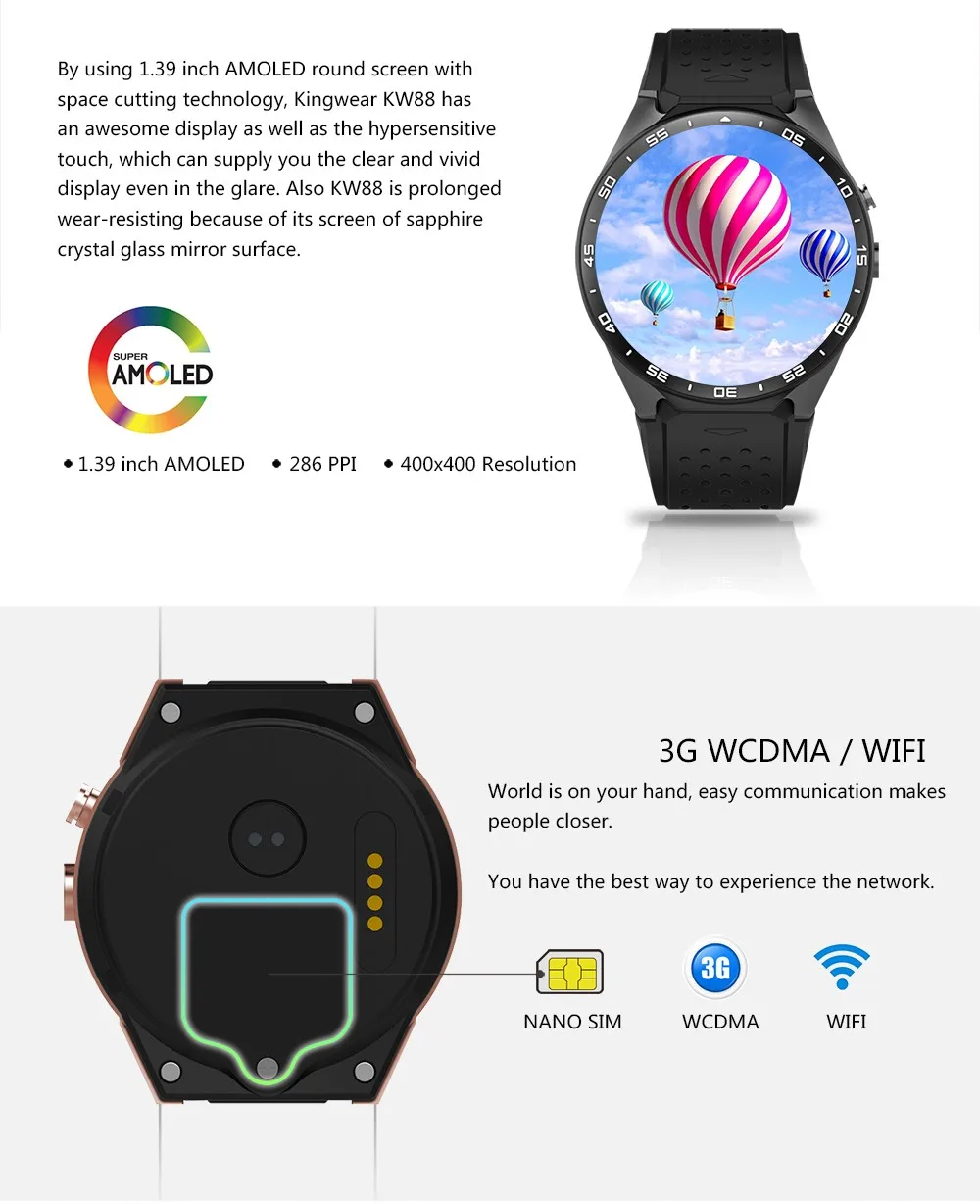 KW88 Android 5 1 ОС Смарт часы Электроника 39 дюймов MTK6580 SmartWatch телефон Поддержка 3G wifi nano
