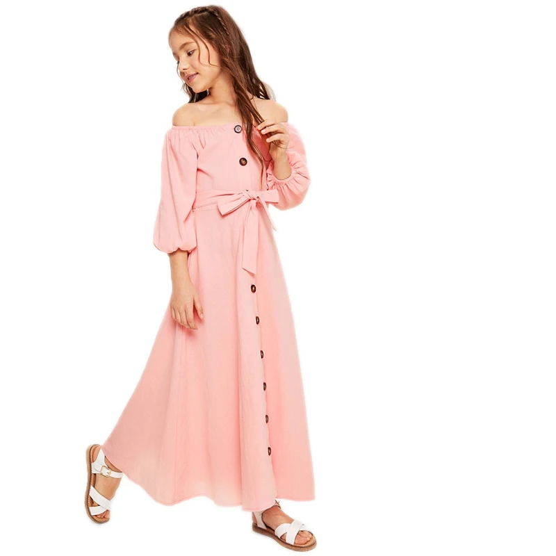 SHEIN/милое розовое платье для девочек с открытыми плечами, пуговицами и поясом спереди, Boho, лето, детские платья трапециевидной формы с рукавом «Бишоп»