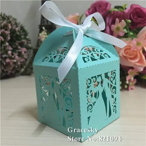 

24pcs Free Shipping Laser Cut pearlescent Bride & Groom design Wedding Party Candy Chocolate Boxes Party Gift box supplies