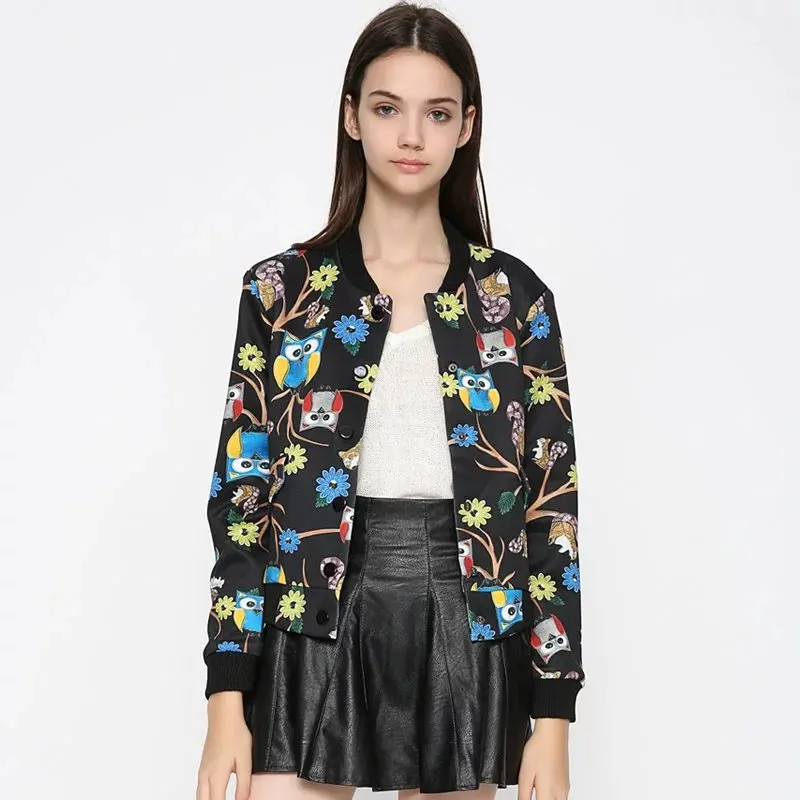 Женская укороченная куртка на молнии хлопковая куртка-бомбер с принтом Совы в
