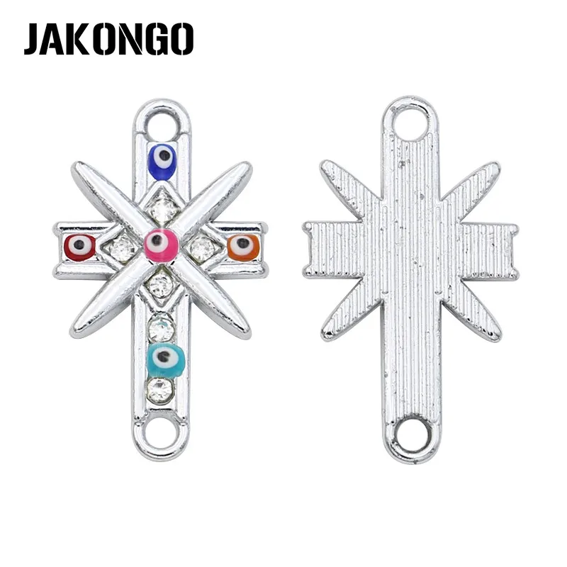 JAKONGO Silver Plated Crystal Cross Evil Eye Connector for Jewelry Making Bracelet Findings DIY Accessories 24x14mm 5pcs | Украшения и