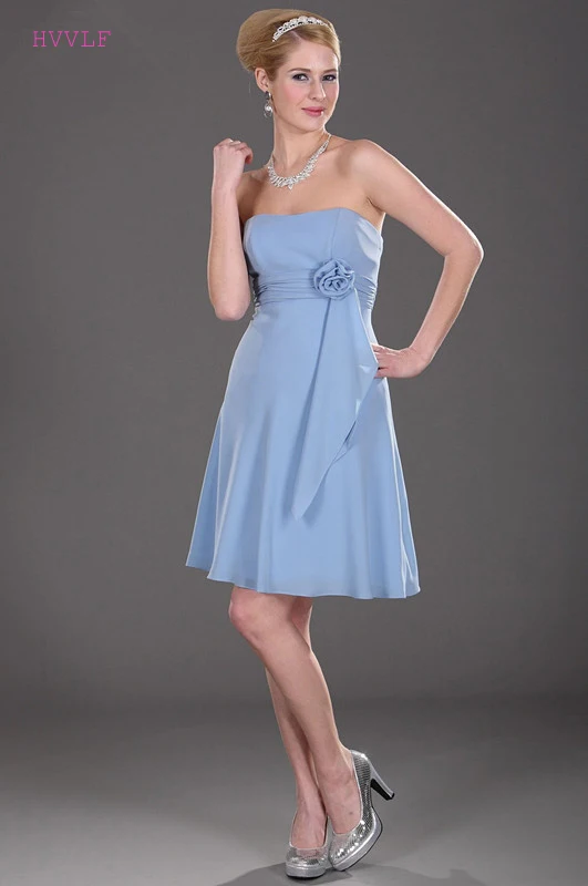 

Sky Blue Cheap Bridesmaid Dresses Under 50 A-line Strapless Chiffon Knee Length Backless Wedding Party Dresses
