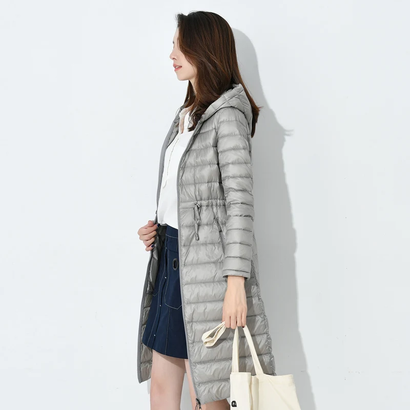 Куртка женская длинная на белом утином пуху ульсветильник Кая приталенная