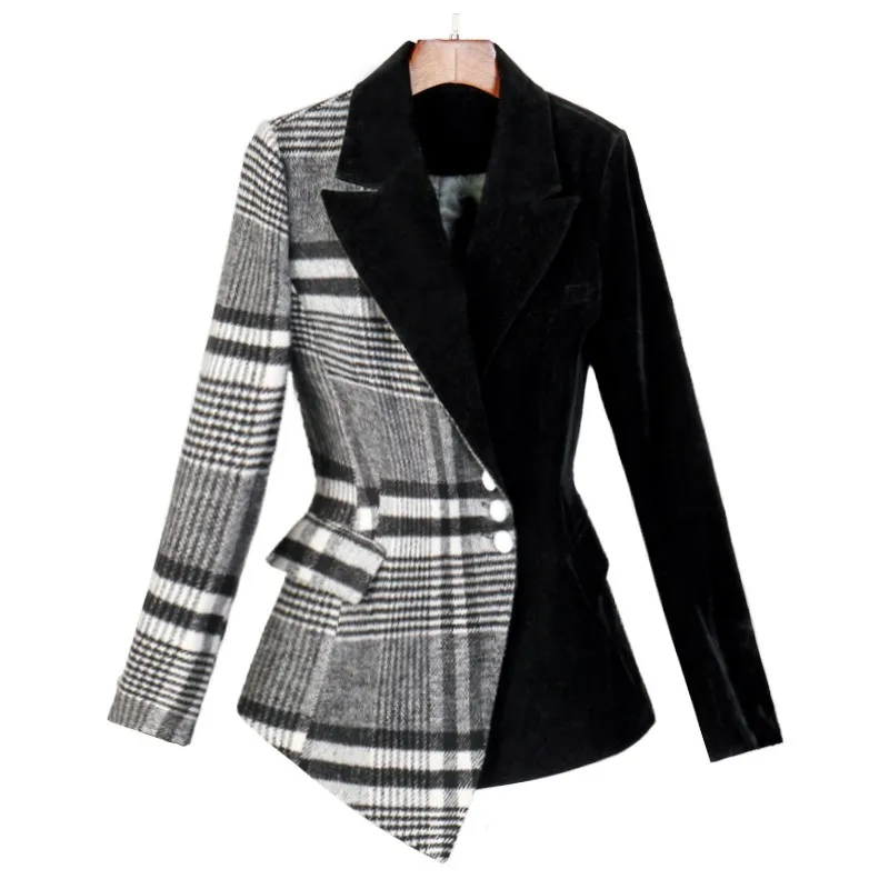 Женский шерстяной клетчатый Блейзер асимметричный блейзер с длинным рукавом