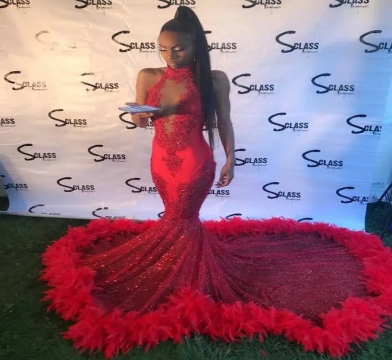 Блестящие перья русалка красные платья для выпускного 2019 сексуальные