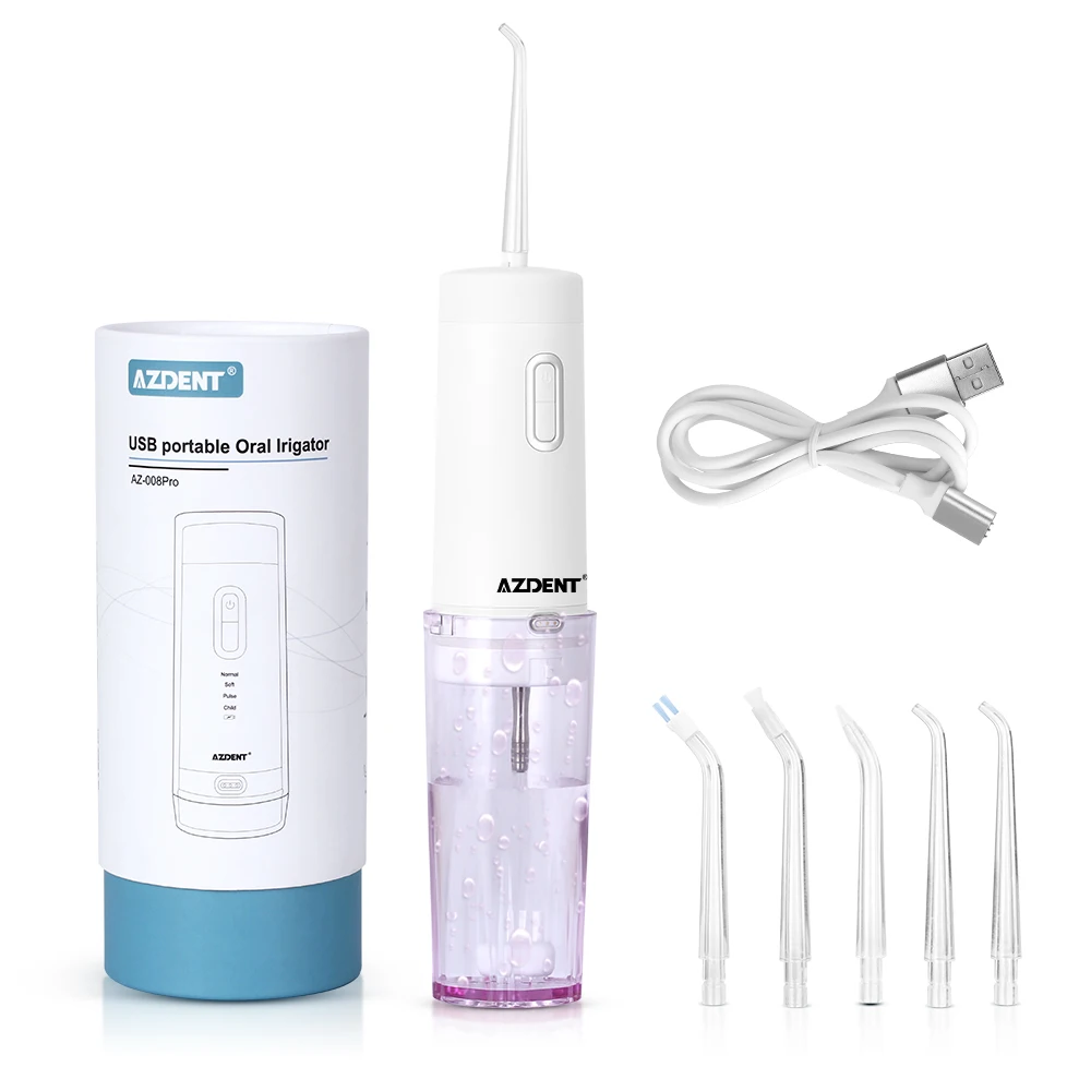 AZDENT AZ-008, дорожный ирригатор для полости рта, зубная нить, USB Перезаряжаемый, складной, водонепроницаемый, 4 режима, струя воды, Флоссер, 210 мл, подарок, 5 насадок
