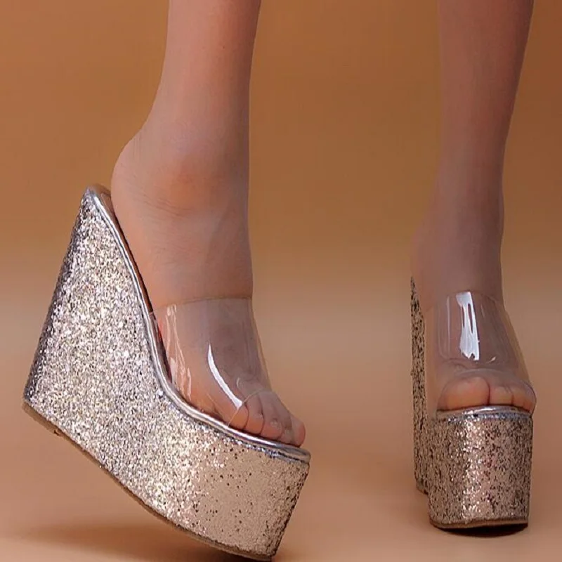 Новинка Женские летние прозрачные туфли на танкетке с открытым носком