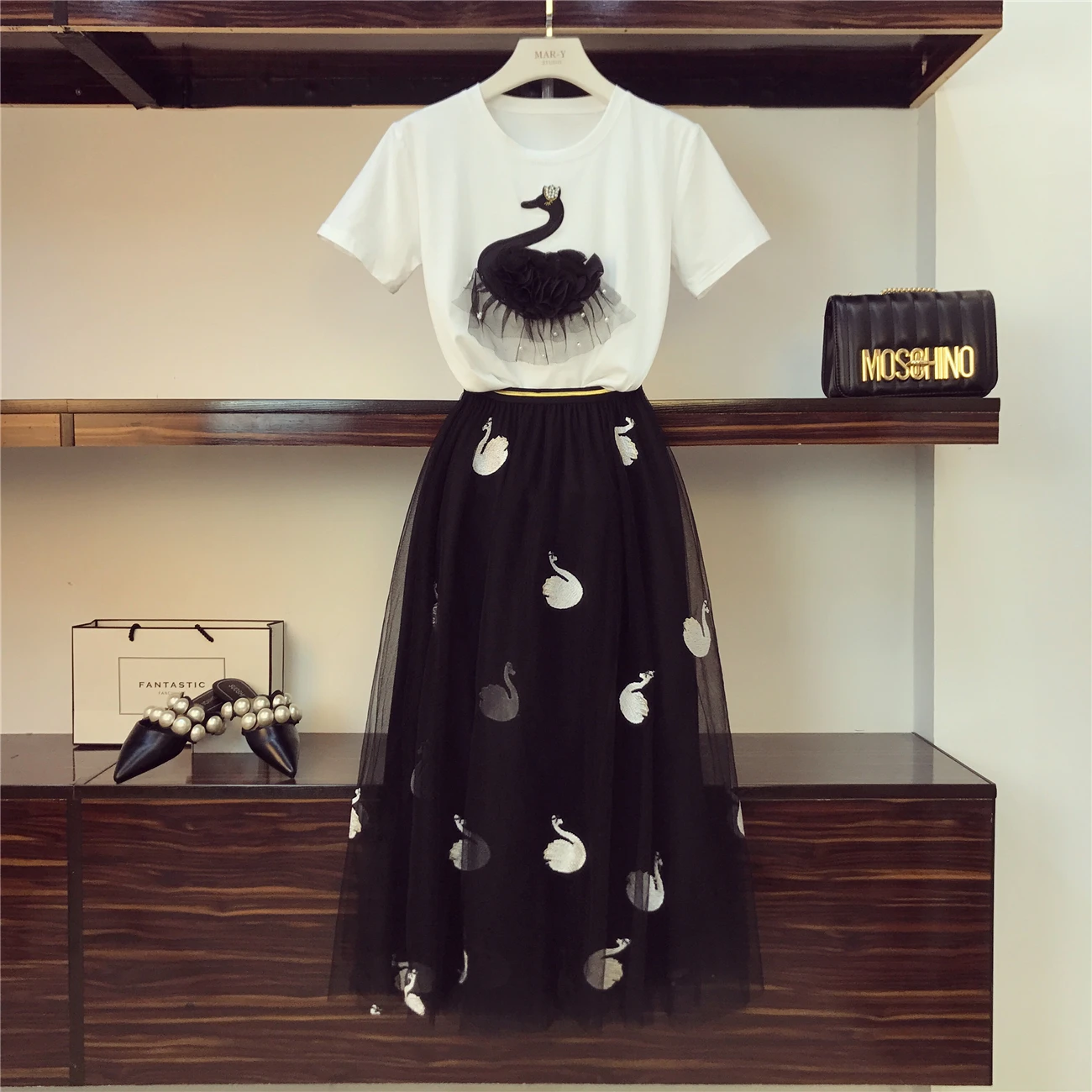 ALPHALMODA 2019 вышитая Лебедь жемчуг короткий рукав Футболка до середины икры марлевая